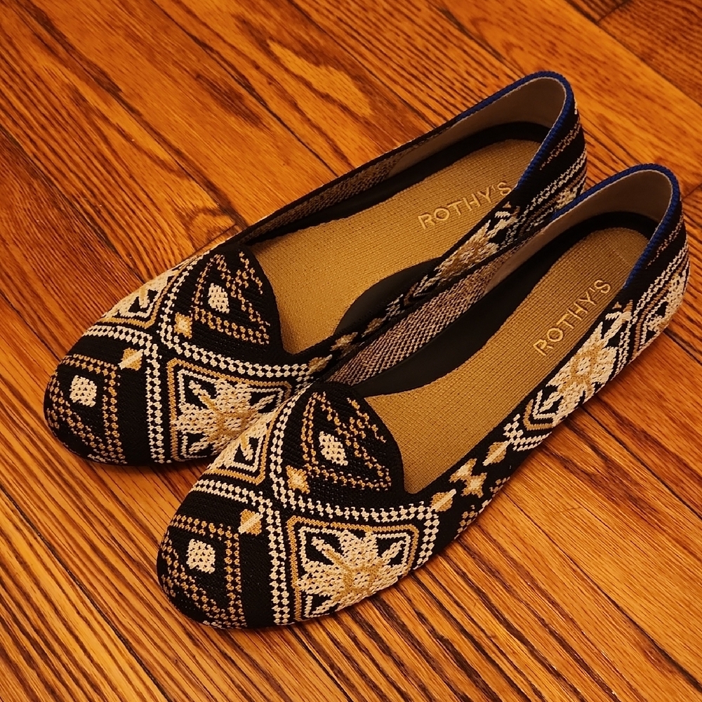 Rothy's Black and Gold Loafers Flats with Geometric Design Size 10.5